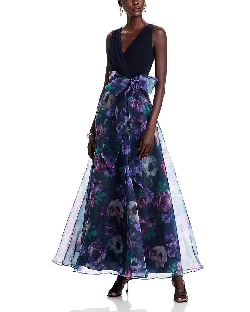 Eliza J Sleeveless Surplice Neck Mixed Media Gown In Blue