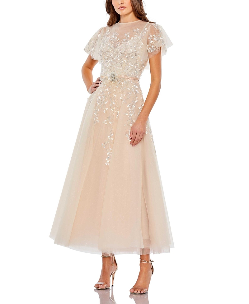 Mac Duggal Embellished Flutter Sleeve Bow Waist A Line Dress