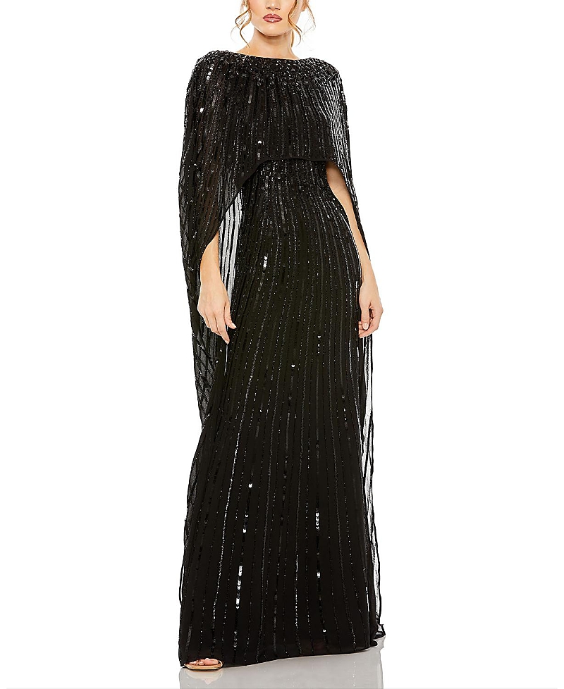 Mac Duggal Embellished Beaded Column Cape Gown In Black