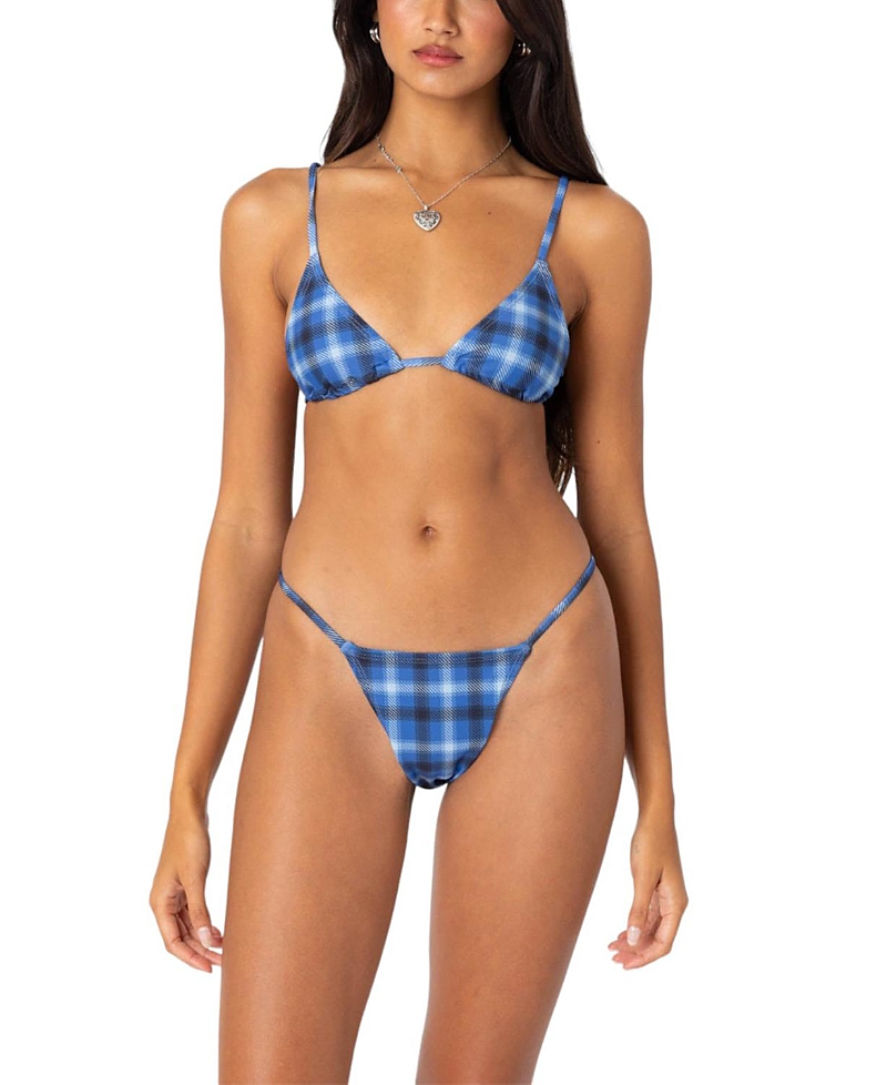 Shop Edikted Preppy Plaid Triangle Bikini Top In Blue