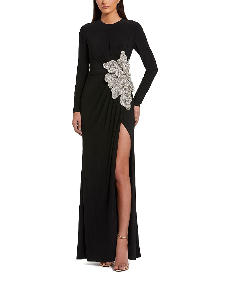 Mac Duggal Thigh High Slit Embellished Flower Detail Jersey Gown In Black