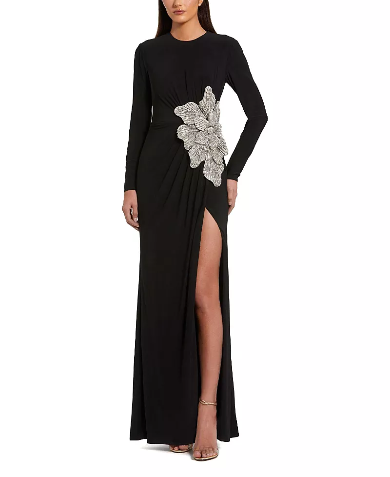 Mac Duggal Thigh High Slit Embellished Flower Detail Jersey Gown