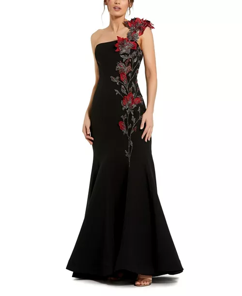 one shoulder 3d floral embroidery mermaid gown