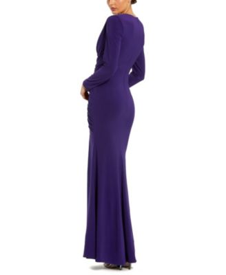 Long Sleeve Cowl Neck Thigh High Slit Detail Jersey Gown