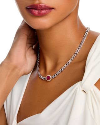 Ruby & Diamond Oval Halo Chain link Collar Necklace in 14K Yellow & White Gold, 14-18"