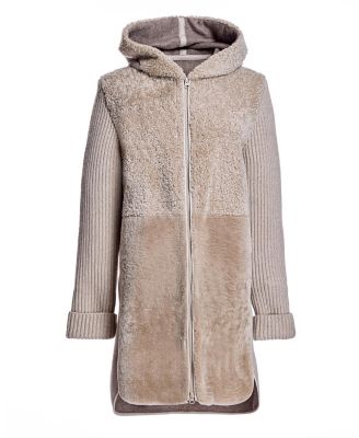 Hooded Shearling Coat with Knit Trim
