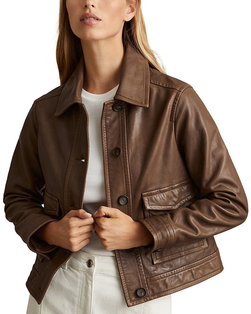 Reiss Womens Taupe Neutral Drew Cropped Suede Jacket In Chocolate