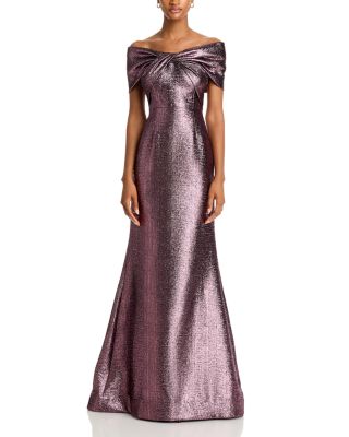 Metallic Jacquard Twist Bodice Off-the-Shoulder Gown