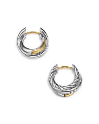 Crossover Three Row Huggie Hoop Earrings in Sterling Silver with 18K Yellow Gold, 13mm