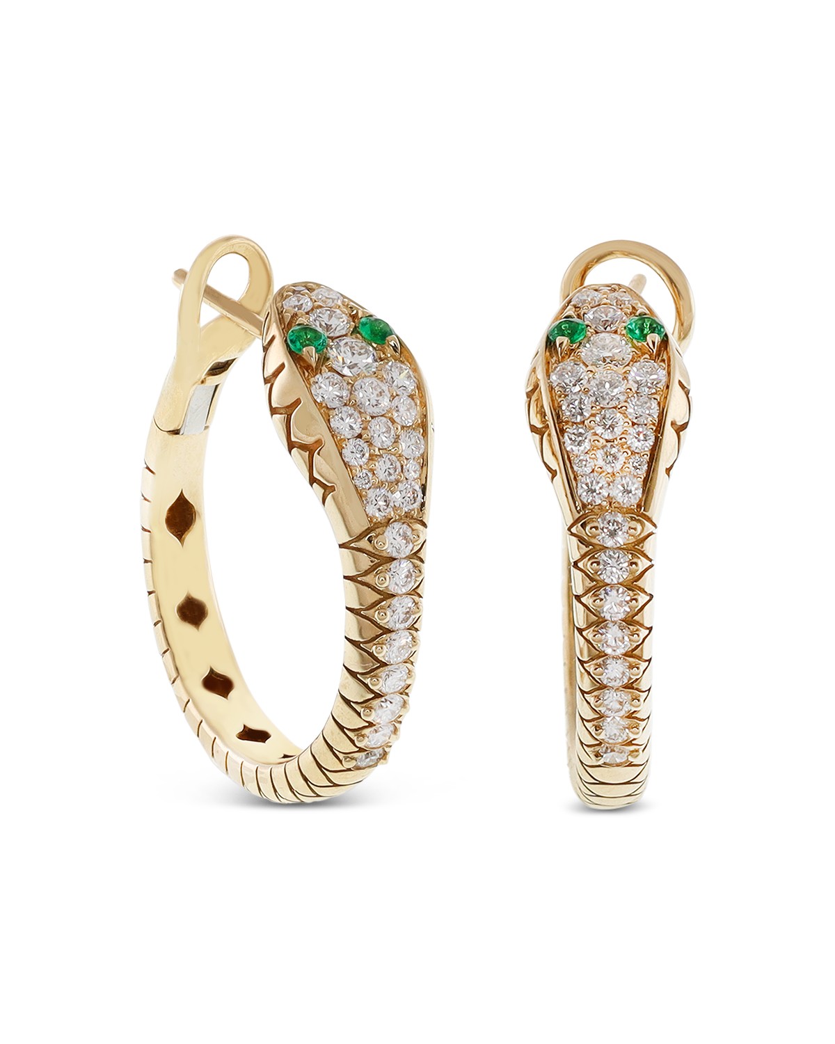 18K Yellow Gold Serpent Diamond & Emerald Snake Hoop Earrings