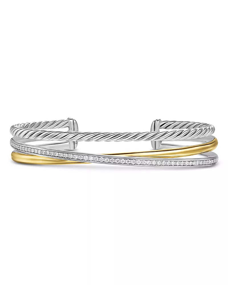 David Yurman Crossover Three Row Bracelet in Sterling Silver with 18K Yellow Gold and Diamonds, 11mm