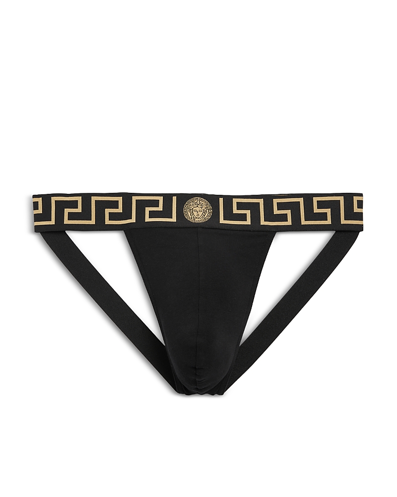Versace Stretch Cotton Jock Strap With Medusa Greca Logo In Black Gold