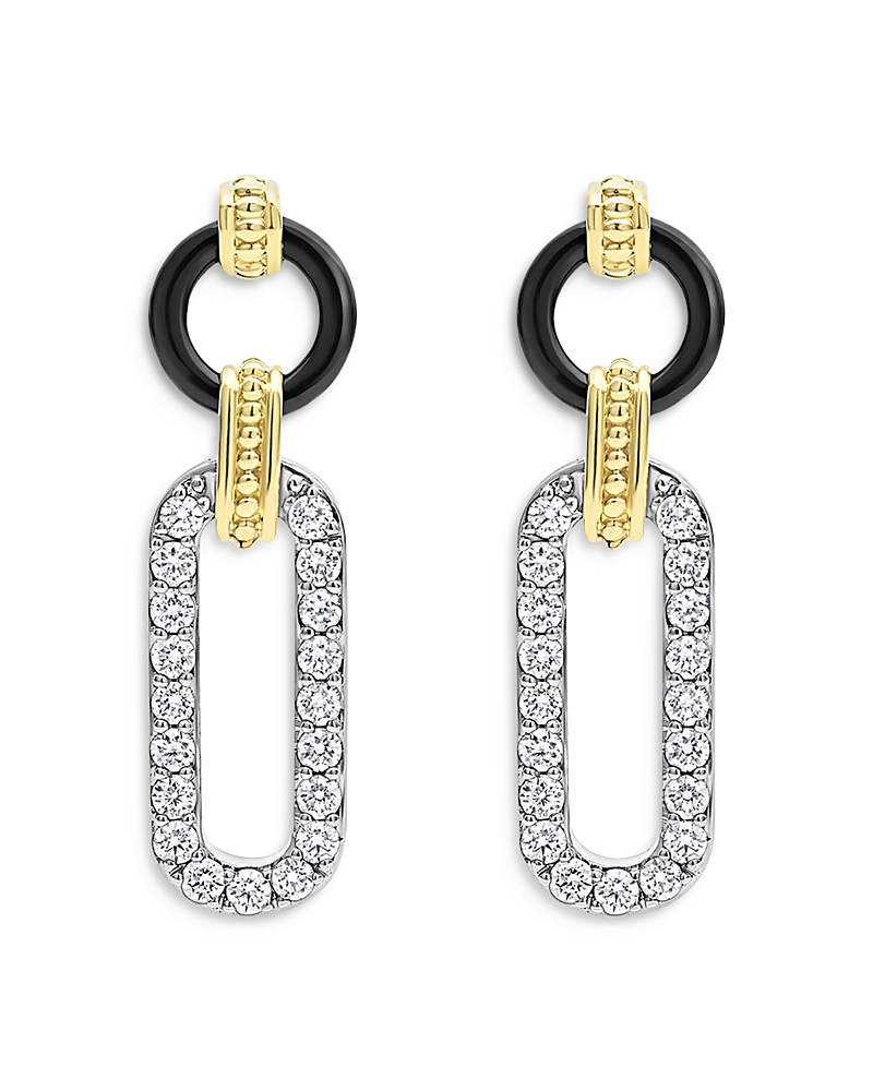 Lagos 18k Gold Signature Caviar Diamond & Black Ceramic Link Drop Earrings In White/multi