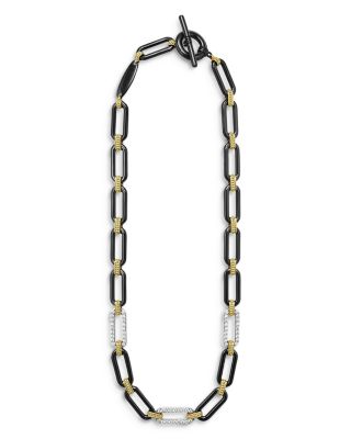 18K Yellow & White Gold Signature Caviar Diamond & Black Ceramic Station Link Necklace, 18"