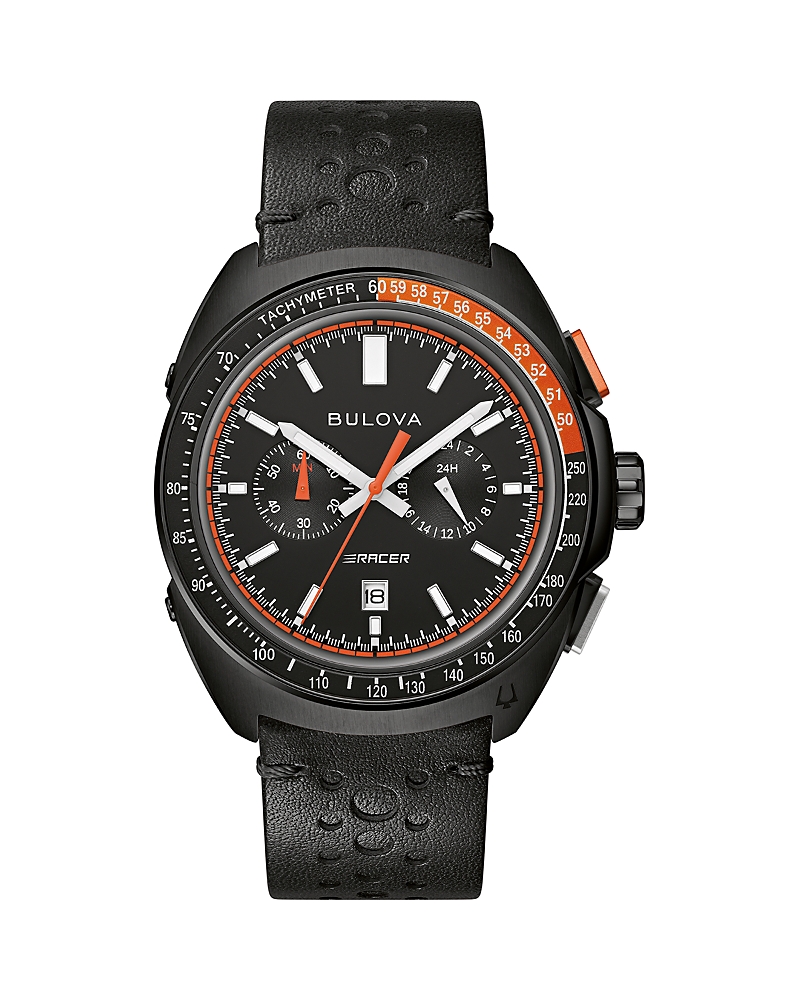 Bulova Men's Chronograph Racer Black Leather Strap Watch 42mm In Black/black