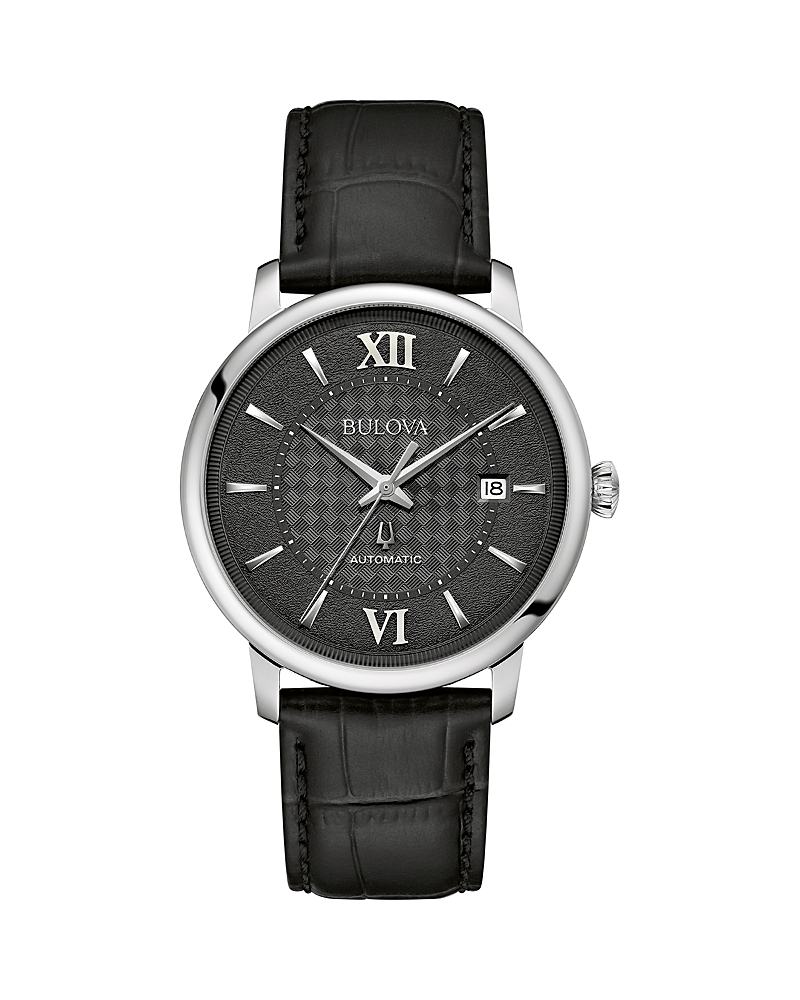 Bulova Automatic Mens Automatic Black Leather Strap Watch 96b441 In Black