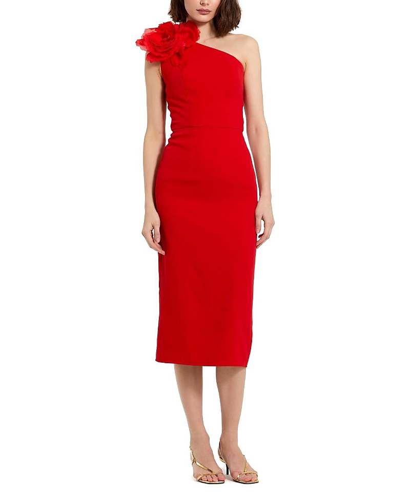 Mac Duggal Crepe One Shoulder Midi Dress With Flower In Cherry