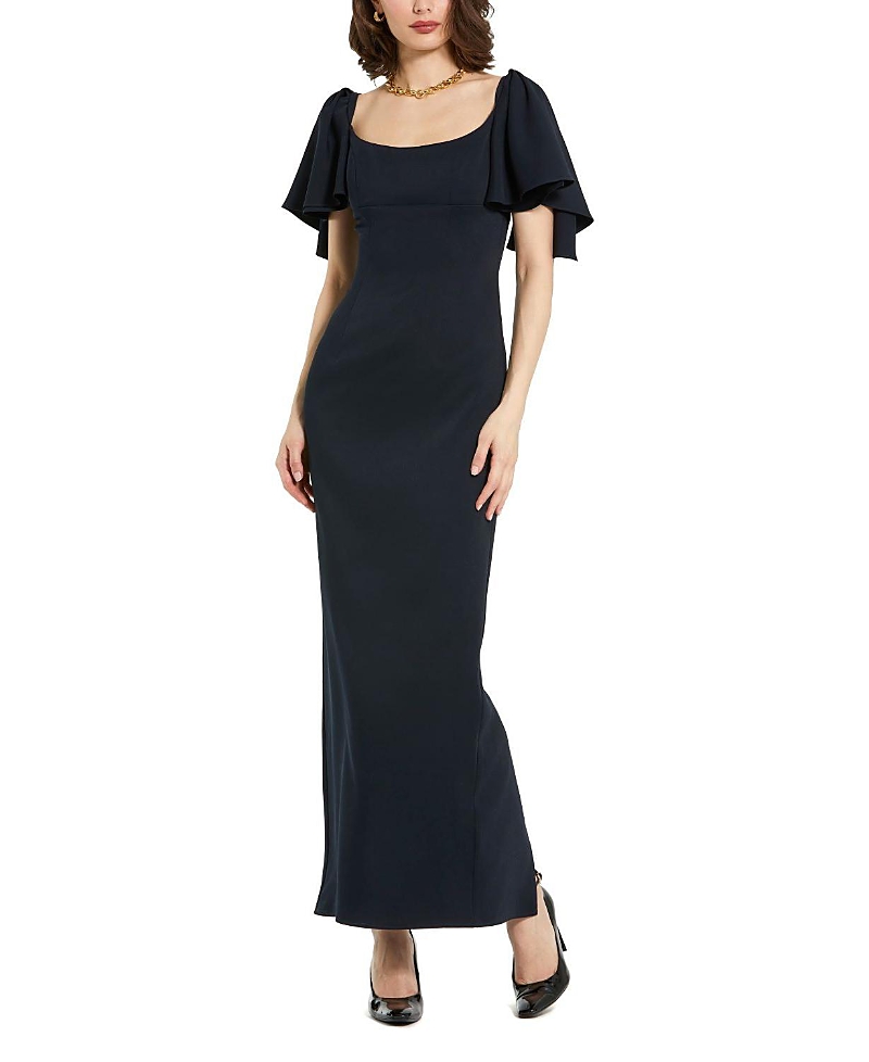 Mac Duggal Crepe Ruffle Sleeve Fitted Maxi Dress In Navy