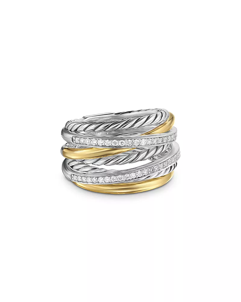 David Yurman Crossover Seven Row Ring in Sterling Silver with 18K Yellow Gold & Diamonds, 16mm