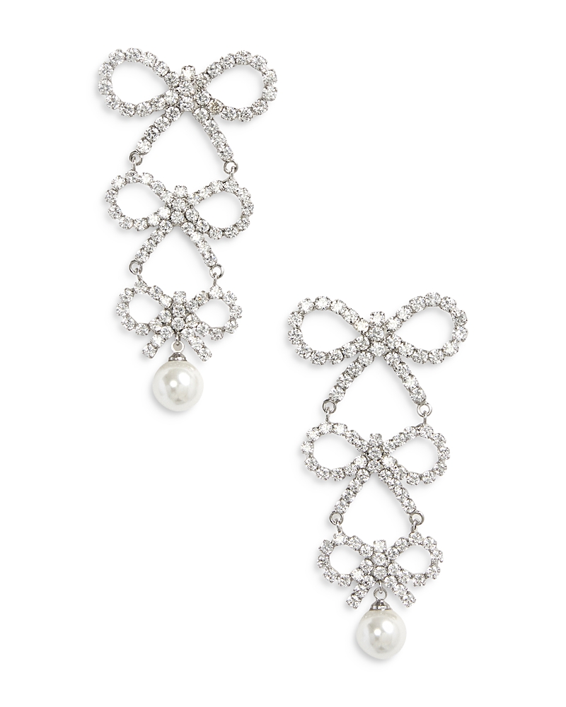 Shop Self-portrait Tiered Bow Crystal Earrings In Silver