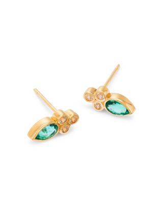 14K Yellow Gold Emerald & White Topaz Bezel Stud Earrings - Exclusive