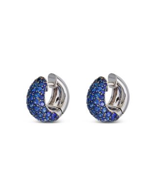 18K White Gold Dome Huggie Hoop Earrings with Blue Sapphires