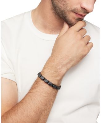 Men's Sculpted Cable Woven Tile Bracelet in Black Titanium with Sterling Silver and Black Nylon, 8.5mm