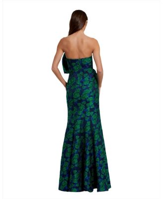 Strapless Brocade Oversized Bow With Ruffle Fitted Gown