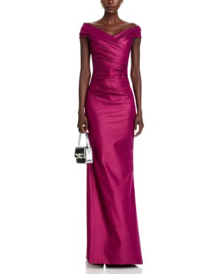 Stretch Metallic Taffeta Off-the-Shoulder Gown