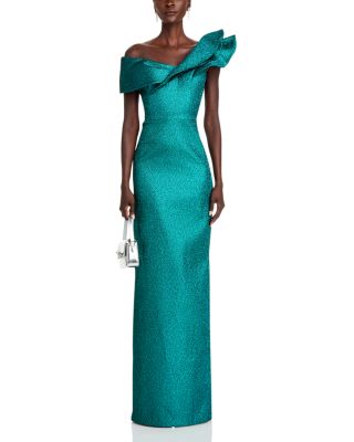 Metallic Jacquard Asymmetrical Ruffle Gown