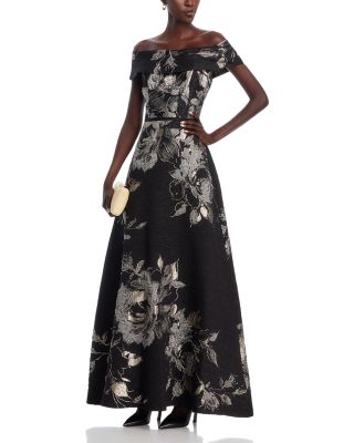 Off-the-Shoulder Metallic Floral Jacquard Gown