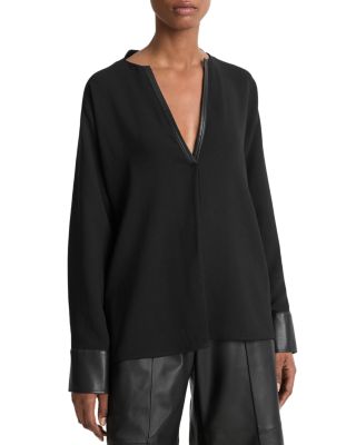 Faux Leather Trim Blouse