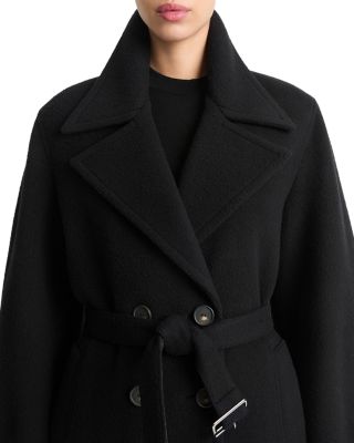 Wool Blend Leather Trim Double Breasted Jacket