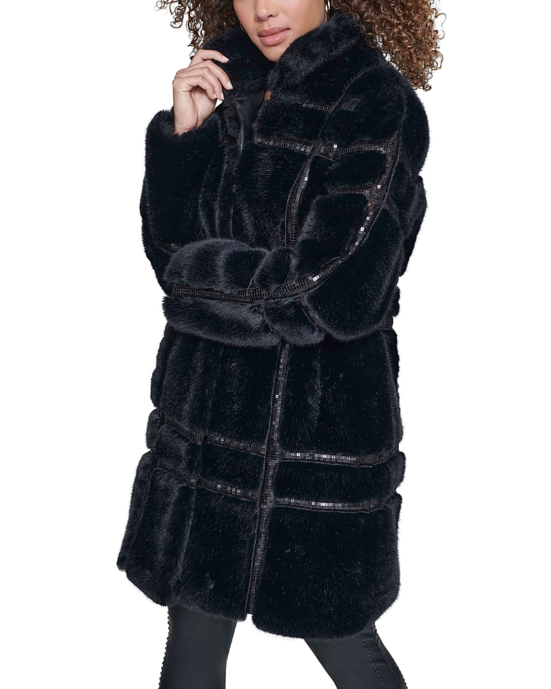 Karl Lagerfeld Faux Fur Sequined Coat In Black