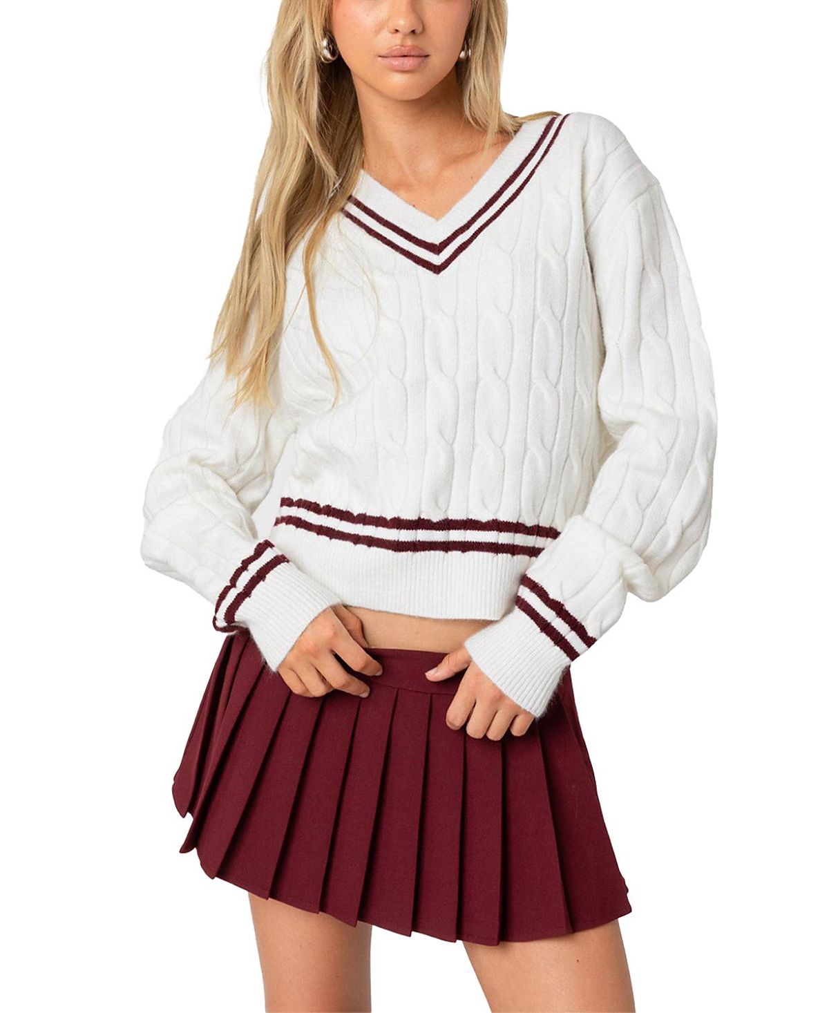Edikted Dean V Neck Cable Knit Sweater