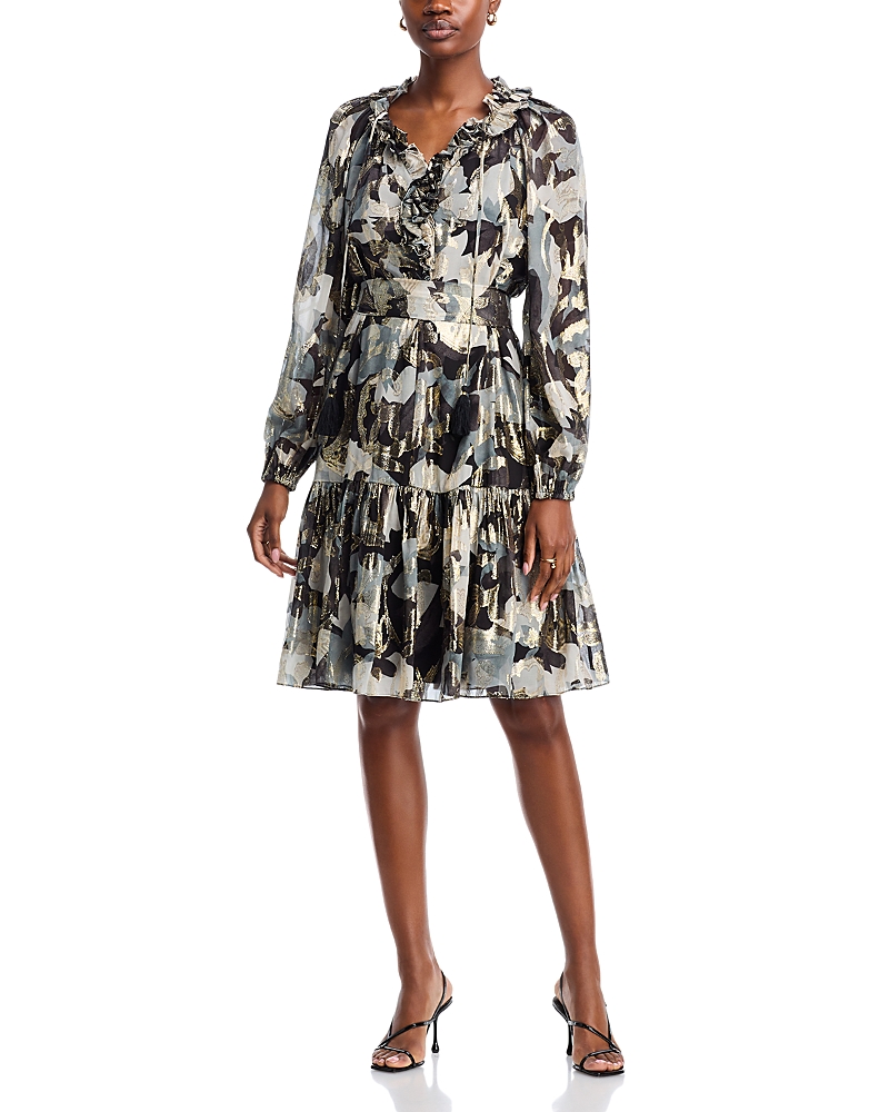 Kobi Halperin Jenson Metallic Ruffle Long Sleeve Silk Dress In Graphite Multi