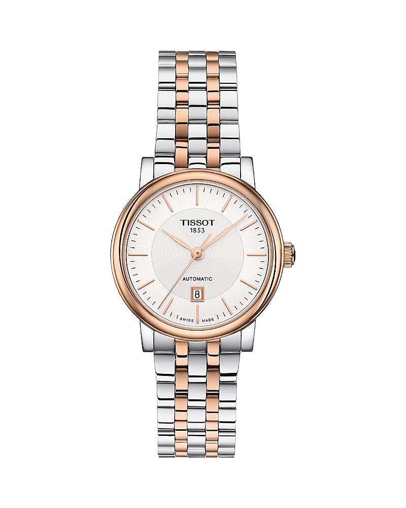 Tissot Women's Swiss Automatic Carson Diamond (1/20 Ct. T.w.) Rose Gold & Stainless Steel Bracelet Watch 30 In Silver/two-tone