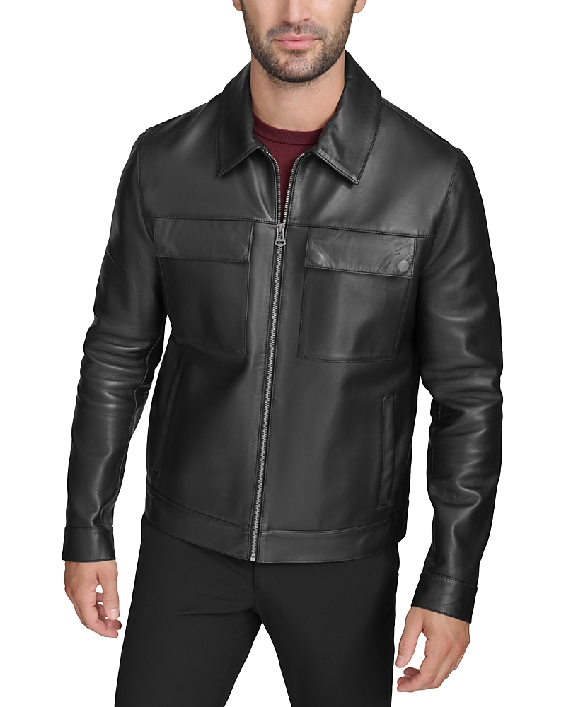 Cole Haan Leather Trucker Jacket In Black