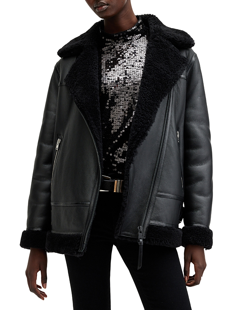 Allsaints Sola Oversize Genuine Shearling Biker Jacket In Black