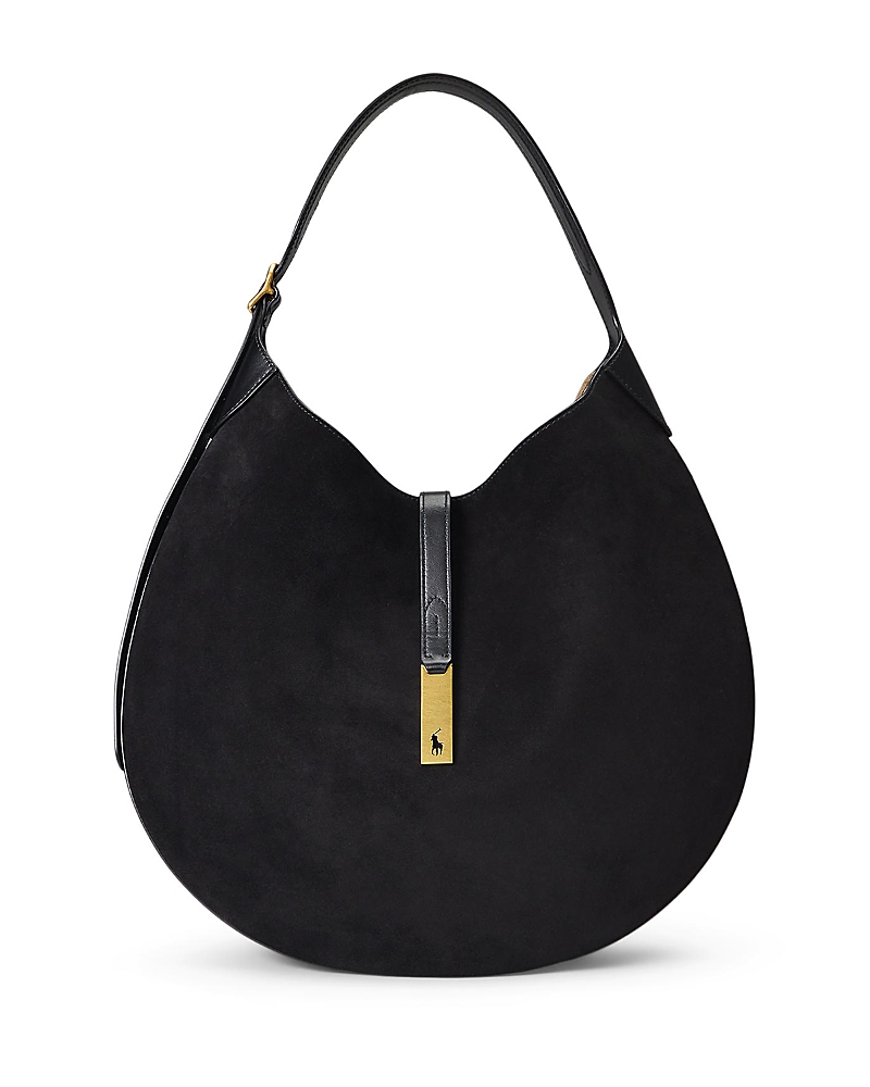 Polo Ralph Lauren Polo Id Suede Large Shoulder Bag In Black/cream