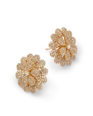 Diamond Pav&eacute; Flower Stud Earrings in 14K Yellow Gold, 1.50 tcw 