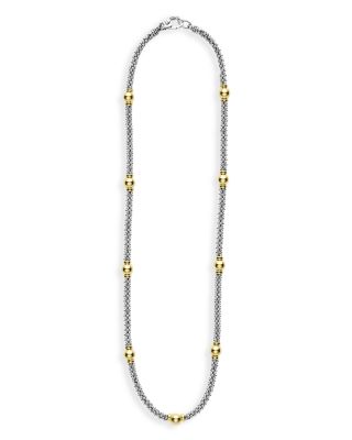 18K Yellow Gold & Sterling Silver Signature Caviar Two Tone Station Necklace, 18"