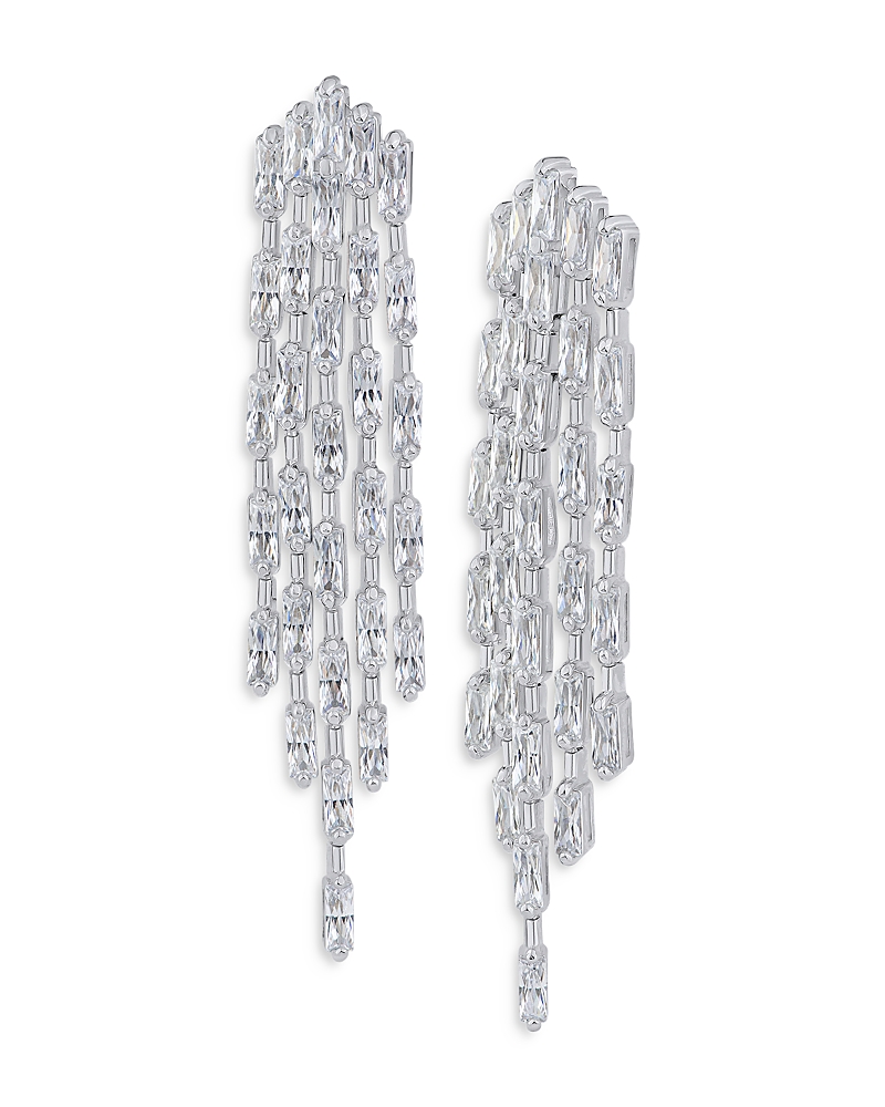 Kenneth Jay Lane Baguette Cubic Zirconia Fringe Statement Earrings In Rhodium Plated In Silver