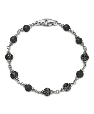 Men's Spiritual Beads Onyx & Black Diamond Pav&eacute; Rosary Style Bracelet in Sterling Silver