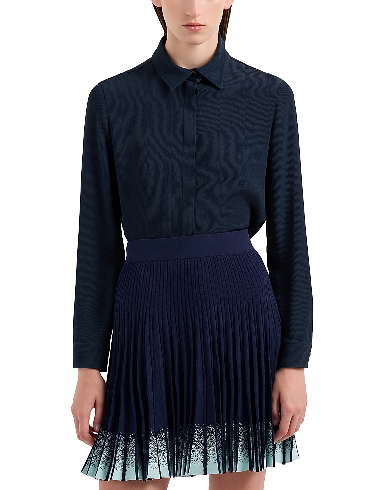 Emporio Armani Pleated Knit Skirt With Gradient Ribbing In Midnight Blue