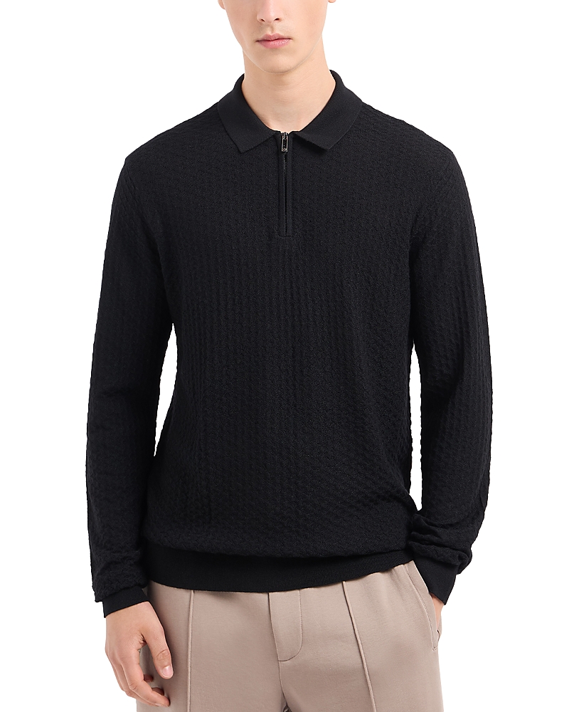 Emporio Armani Wool Diamond Jacquard Regular Fit Quarter Zip Polo Sweater