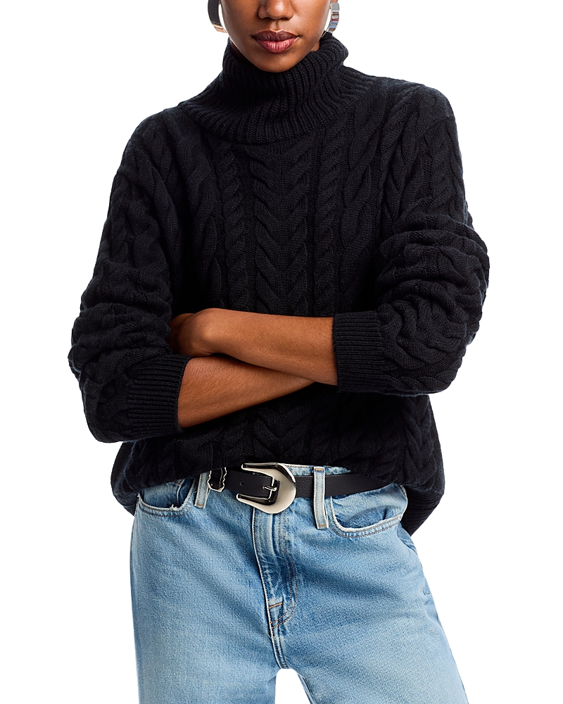 Frame Wool & Cashmere Cable Knit Turtleneck Sweater In Black