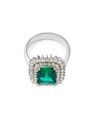 Emerald & Diamond  Double Halo Ring in 14K White Gold 