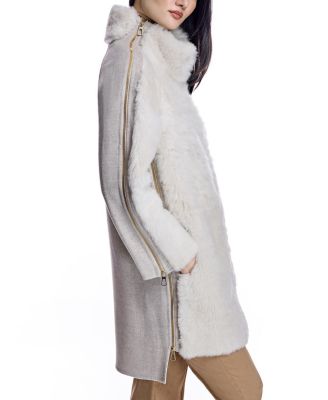 Mixed-Media Shearling Coat With Zipper Trim