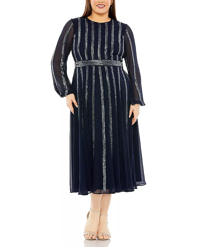 Mac Duggal Plus Long Sheer Sleeve Sequin Dress